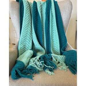 Vintage Handmade Crochet Throw Blanket, Tassels, Teal/ Light Teal, Large Size